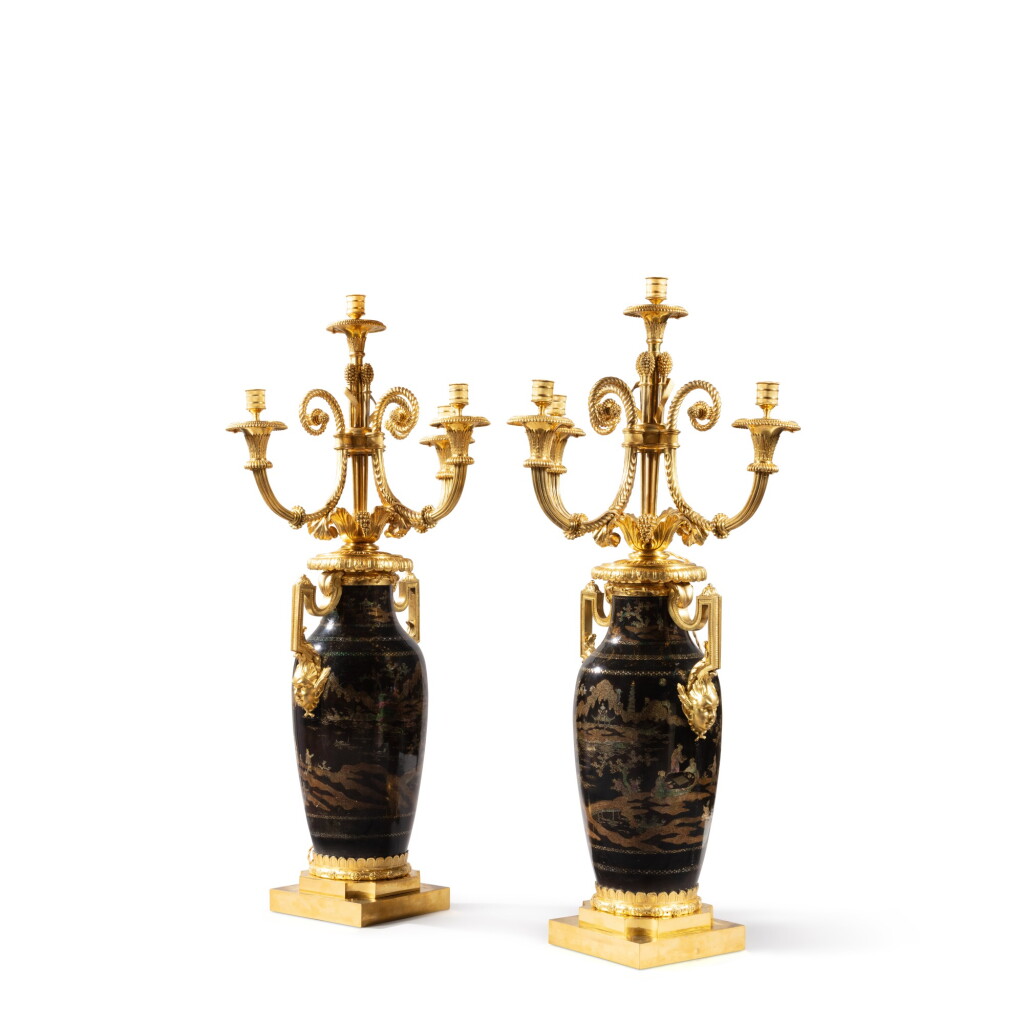 View full screen - View 1 of Lot 70. A pair of gilt-bronze mounted laque burgauté porcelain candelabra, late 18th/ early 19th century, in the manner of François Rémond.