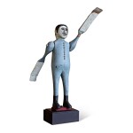 EXCEPTIONAL CARVED AND PAINTED WOOD AND IRON WHIRLIGIG SCULPTURE OF A MAN IN LONG JOHNS, PENNSYLVANIA, CIRCA 1900