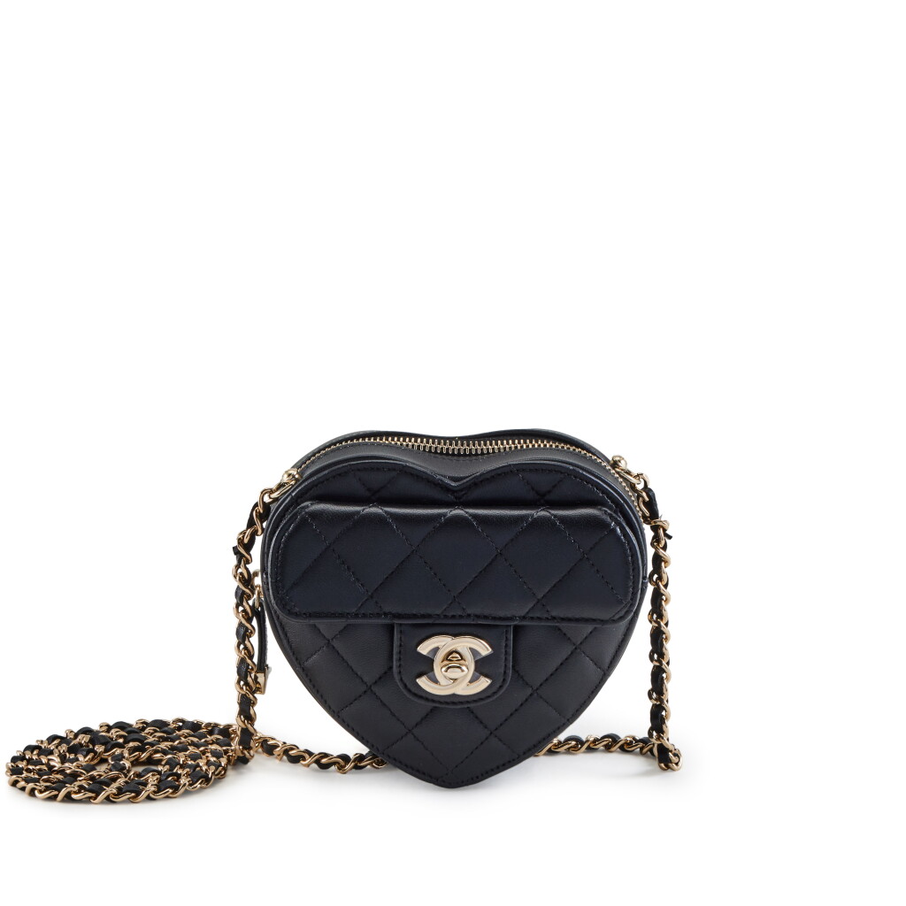 View full screen - View 1 of Lot 157. Black Quilted Lambskin Mini CC In Love Heart Bag Pale Gold Hardware, 2021.