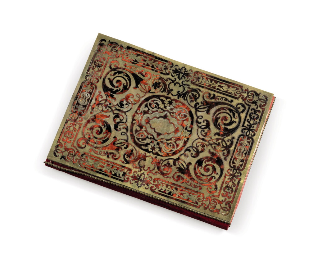 View full screen - View 1 of Lot 262. A red-tinted tortoiseshell and brass Boulle marquetry, desk blotter, circa 1880.