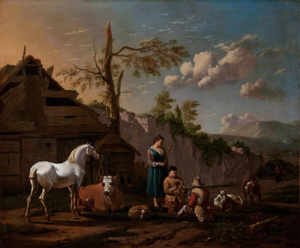 View full screen - View 1 of Lot 68. Shepherds Playing Cards and Cattle by a Shed.