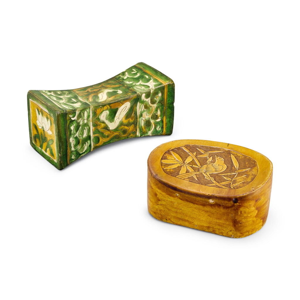 View full screen - View 1 of Lot 430. A sancai carved rectangular pillow and an amber-glazed 'bird' pillow Northern Song - Jin dynasty | 北宋至金 三彩刻蓮雁紋長形枕 及 褐黃釉喜鵲報喜紋枕.