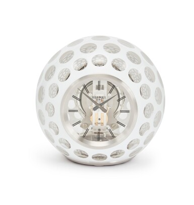 View full screen - View 1 of Lot 1. Atmos Hermès, A limited edition crystal and enamel clock made for the 176th anniversary of Hermès, Circa 2013 積家 Atmos Hermès 限量版水晶及琺瑯座鐘,約2013年為紀念愛馬仕成立176週年製造.