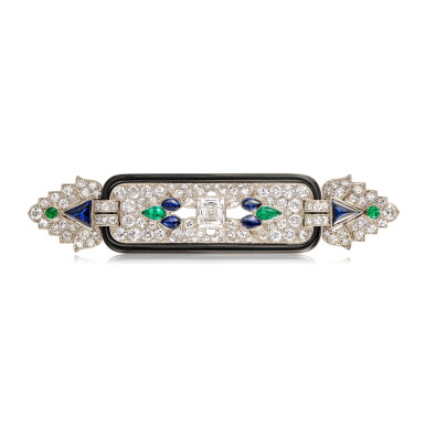 View full screen - View 1 of Lot 1874. Sapphire, Emerald, Onyx and Diamond Brooch, circa 1925 | Janesich | 藍寶石 配 祖母綠 及 縞瑪瑙 及 鑽石 胸針, 年份約1925.