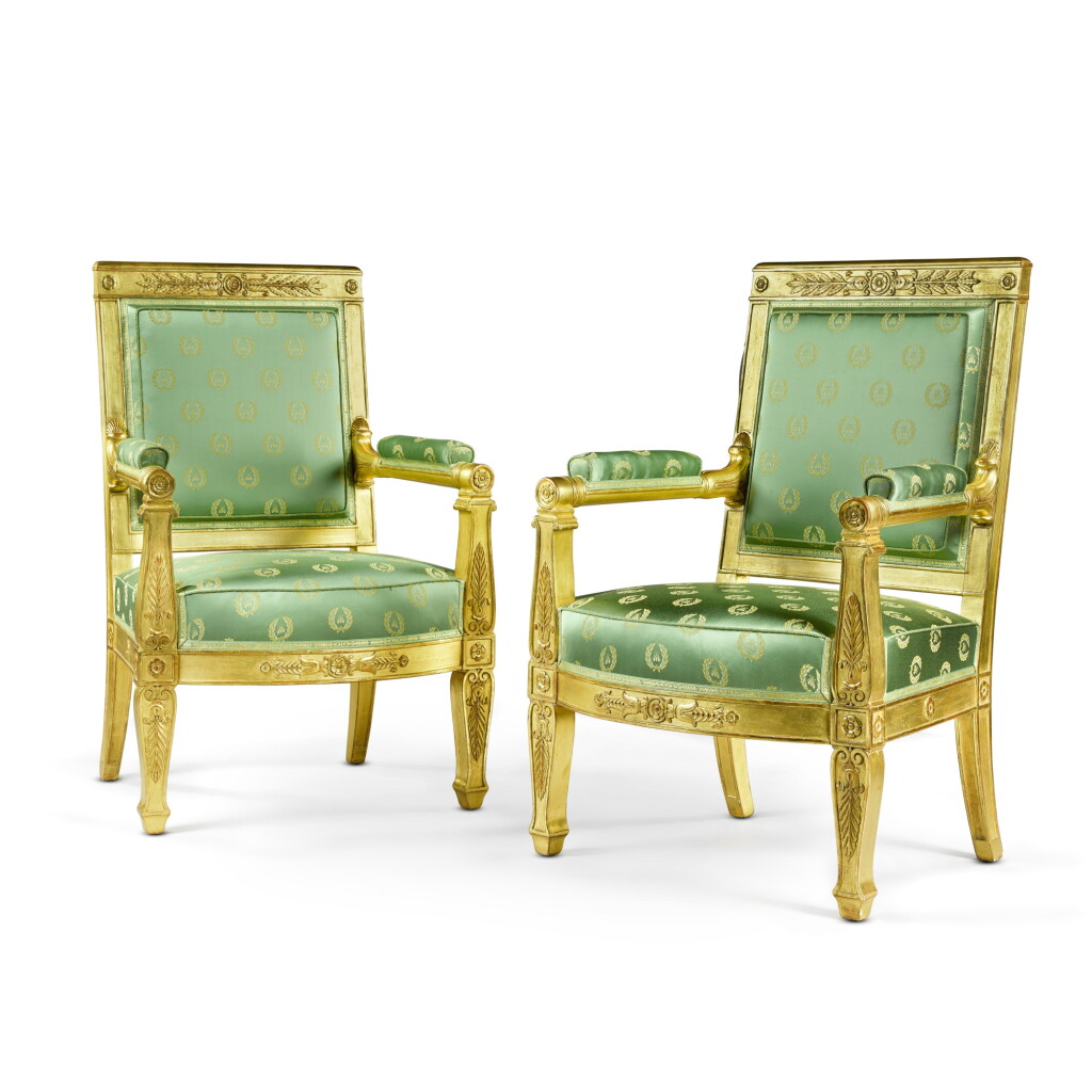 View full screen - View 1 of Lot 65. A pair of Restauration giltwood fauteuils from the Palais de Tuileries, by Jacob-Desmalter, circa 1815.