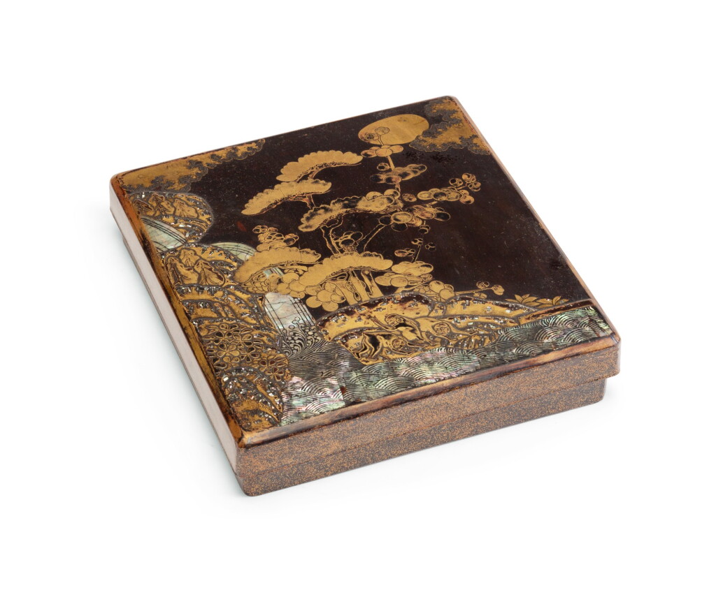 View full screen - View 1 of Lot 224. A mother-of-pearl inlaid gold and black lacquer suzuribako, Japan, Edo period.