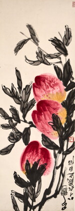 Attributed to Qi Baishi, Longevity peach, Ink and color on paper, hanging scroll