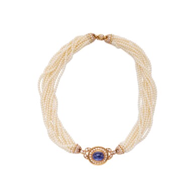 View full screen - View 1 of Lot 259. Sapphire, Seed Pearl and Diamond Necklace.