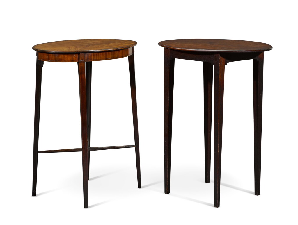 View full screen - View 1 of Lot 85. Two George III oval boxwood and ebony strung purplewood crossbanded mahogany occasional tables, circa 1788, attributed to Gillows.