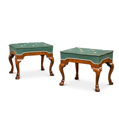 View full screen - View 1 of Lot 63. A pair of George I walnut and oak veneered stools, circa 1720.