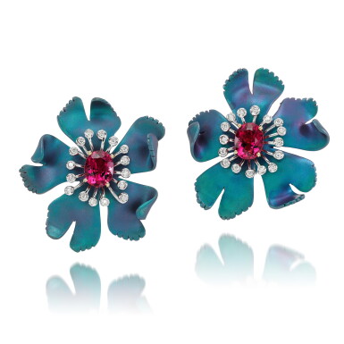View full screen - View 1 of Lot 126. Pair of pink tourmaline and diamond ear clips.