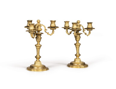 View full screen - View 1 of Lot 121. A PAIR OF RÉGENCE GILT-BRONZE CANDELABRA, CIRCA 1720 | PAIRE DE PETITS CANDÉLABRES EN BRONZE DORÉ D'ÉPOQUE RÉGENCE, VERS 1720.