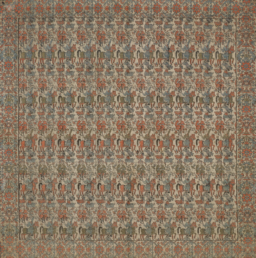 View full screen - View 1 of Lot 206. A QAJAR SILK PANEL WITH HUNTING SCENES, PERSIA, 19TH CENTURY.