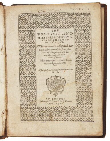 View full screen - View 1 of Lot 271. La Noue, The politicke and militarie discourses, London, 1587, calf.