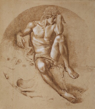 View full screen - View 1 of Lot 93. Male nude seated, partially covered by drapery.