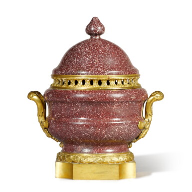 View full screen - View 1 of Lot 102. A Louis XVI style gilt-bronze mounted porphyry vase with cover, 18th century, the mounts late 19th century.