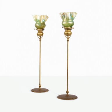 View full screen - View 1 of Lot 12. TIFFANY STUDIOS | PAIR OF CANDLESTICKS.