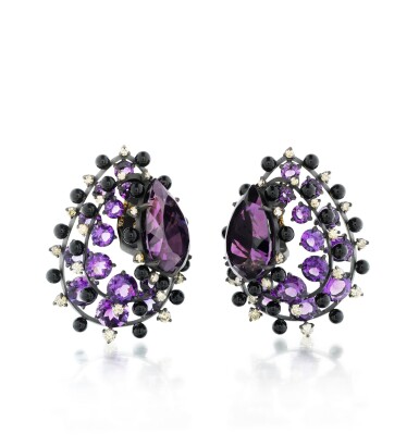 View full screen - View 1 of Lot 84. Pair of amethyst, onyx and diamond ear clips | Paire de clips d'oreille améthystes, onyx et diamants.