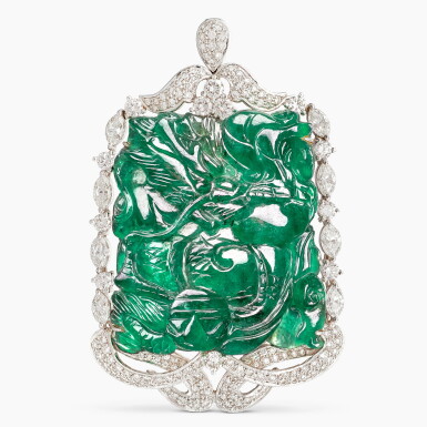 View full screen - View 1 of Lot 1460. Emerald and Diamond Pendant Necklace | 88.91克拉 祖母綠 配 鑽石 掛墜項鏈.