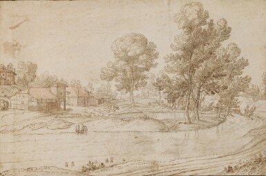 View full screen - View 1 of Lot 143. A Landscape with Houses on the Bank of a River.