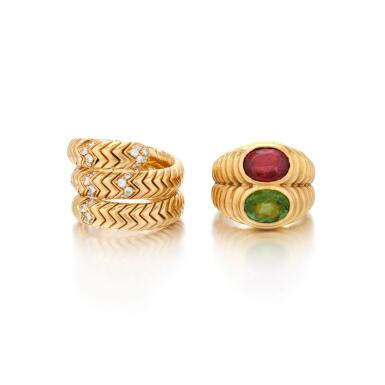 View full screen - View 1 of Lot 82. Diamond ring and a tourmaline ring (Anello in diamanti e Anello in tormaline, Bulgari).