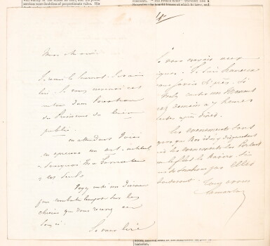 View full screen - View 1 of Lot 59. Alphonse de Lamartine | 3 autograph letters and 3 fragments from the working manuscript of a speech, 1844-49.