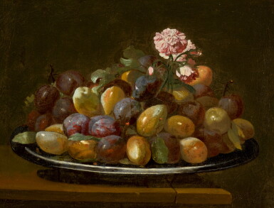 View full screen - View 1 of Lot 31. TUSCAN SCHOOL, 17TH CENTURY | Still life of fruit in a pewter dish, with a carnation.