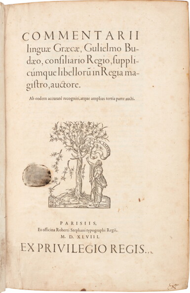 View full screen - View 1 of Lot 125. Budé | Commentarii linguae graecae, Paris, Estienne, 1548, later vellum.