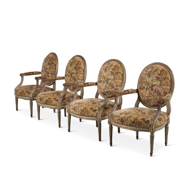 View full screen - View 1 of Lot 646. A Suite of Louis XVI White-Painted Seat Furniture probably by Pluvinet, Circa 1780.