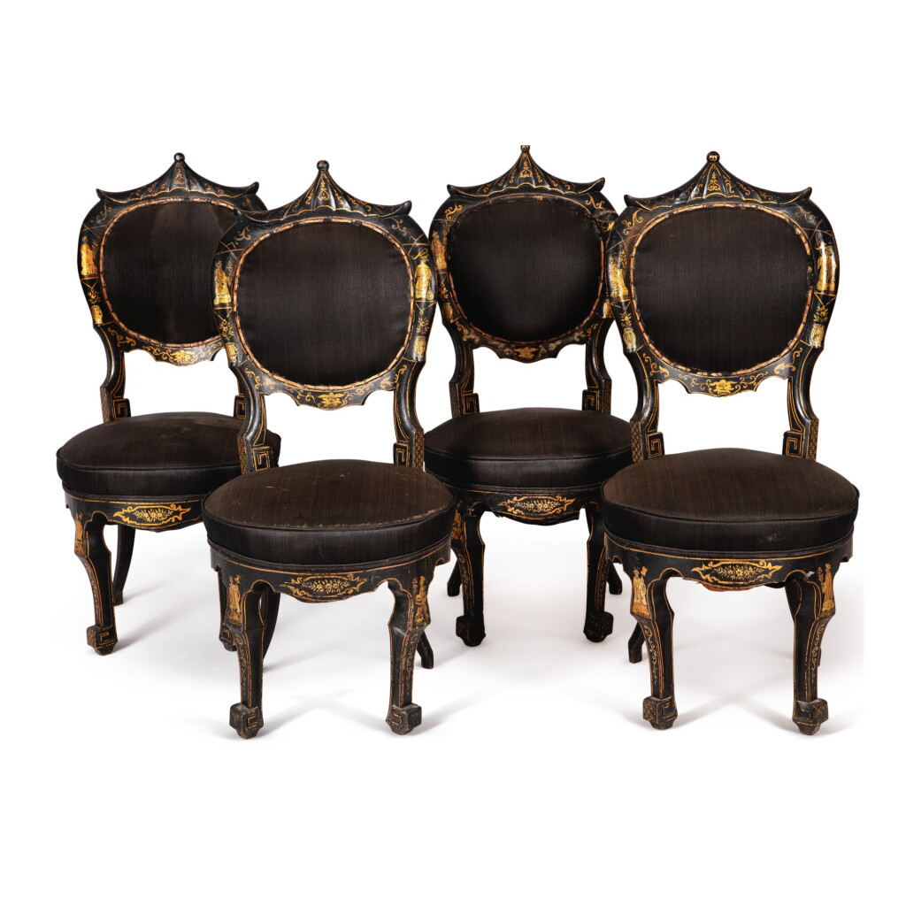 View full screen - View 1 of Lot 624. A SET OF FOUR BLACK AND GOLD JAPANNED SIDE CHAIRS, 19TH CENTURY.