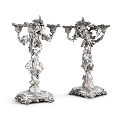 View full screen - View 1 of Lot 826. A pair of George II silver figural three-light candelabra, George Wickes, London, 1744.
