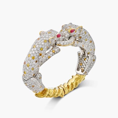 View full screen - View 1 of Lot 60. Diamond, Colored Diamond, Ruby and Gold ‘Double Leopard’ Bracelet 鑽石 配 彩色鑽石 配 紅寶石 及 K金 'Double Leopard' 手鐲.