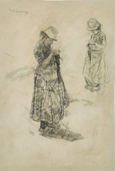 View full screen - View 1 of Lot 38. Strickende Mädchen (Girls Knitting).