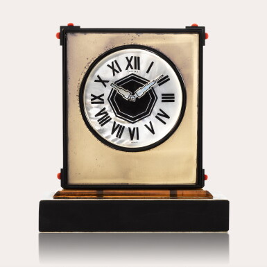 View full screen - View 1 of Lot 2246. ‘Ligne S’ clock | An enamel, glass, rock crystal, Art Déco clock with coral beads and mother-of-pearl dial, Circa 1930.