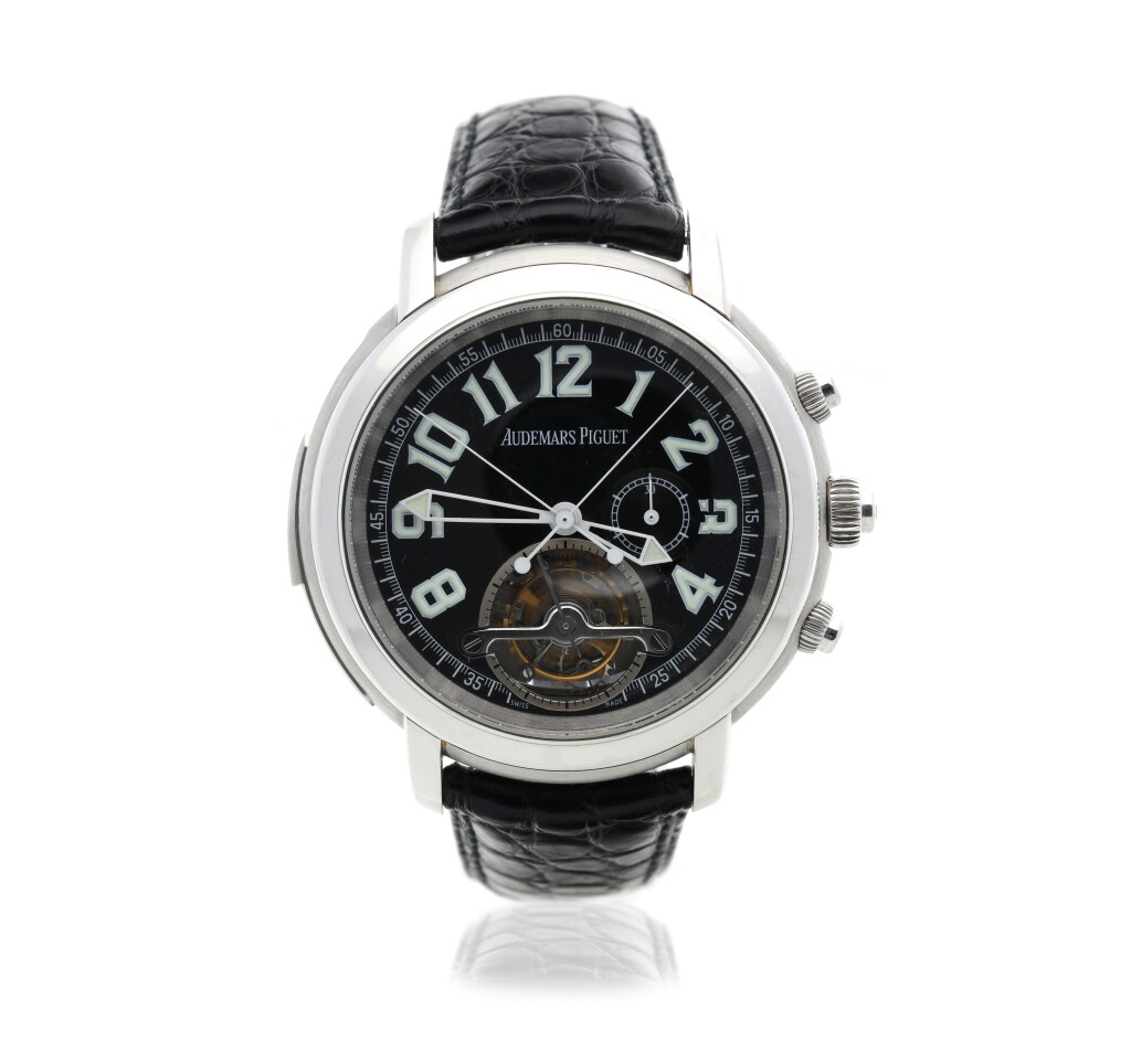 View full screen - View 1 of Lot 367. Reference 25923PT/O/0022CR/01 Jules Audemars A limited edition platinum tourbillon split seconds chronograph wristwatch with minute repeater, Circa 2000.