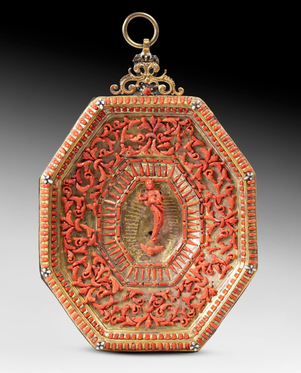 View full screen - View 1 of Lot 8. A gilt copper and coral plaque, Trapani, circa 1680 | Plaque dite "Cappezale" en cuivre doré et corail, Trapani, circa 1680.