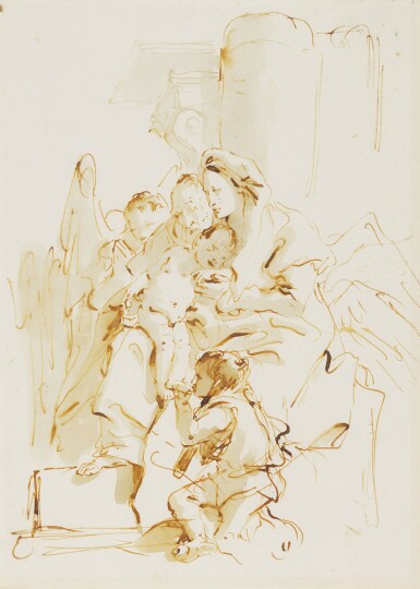 View full screen - View 1 of Lot 33. The Holy Family with Saint John the Baptist, kneeling and kissing the Christ's Child foot.