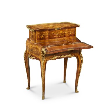 View full screen - View 1 of Lot 56. A Louis XV Style Gilt-Bronze Mounted Tulipwood, Amaranth and Marquetry Table à la Bourgogne, Probably 19th Century.