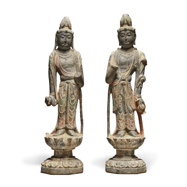 View full screen - View 1 of Lot 294. An extremely rare pair of polychrome limestone figures of bodhisattvas, Tang dynasty | 唐 石灰石雕加彩菩薩立像一對.