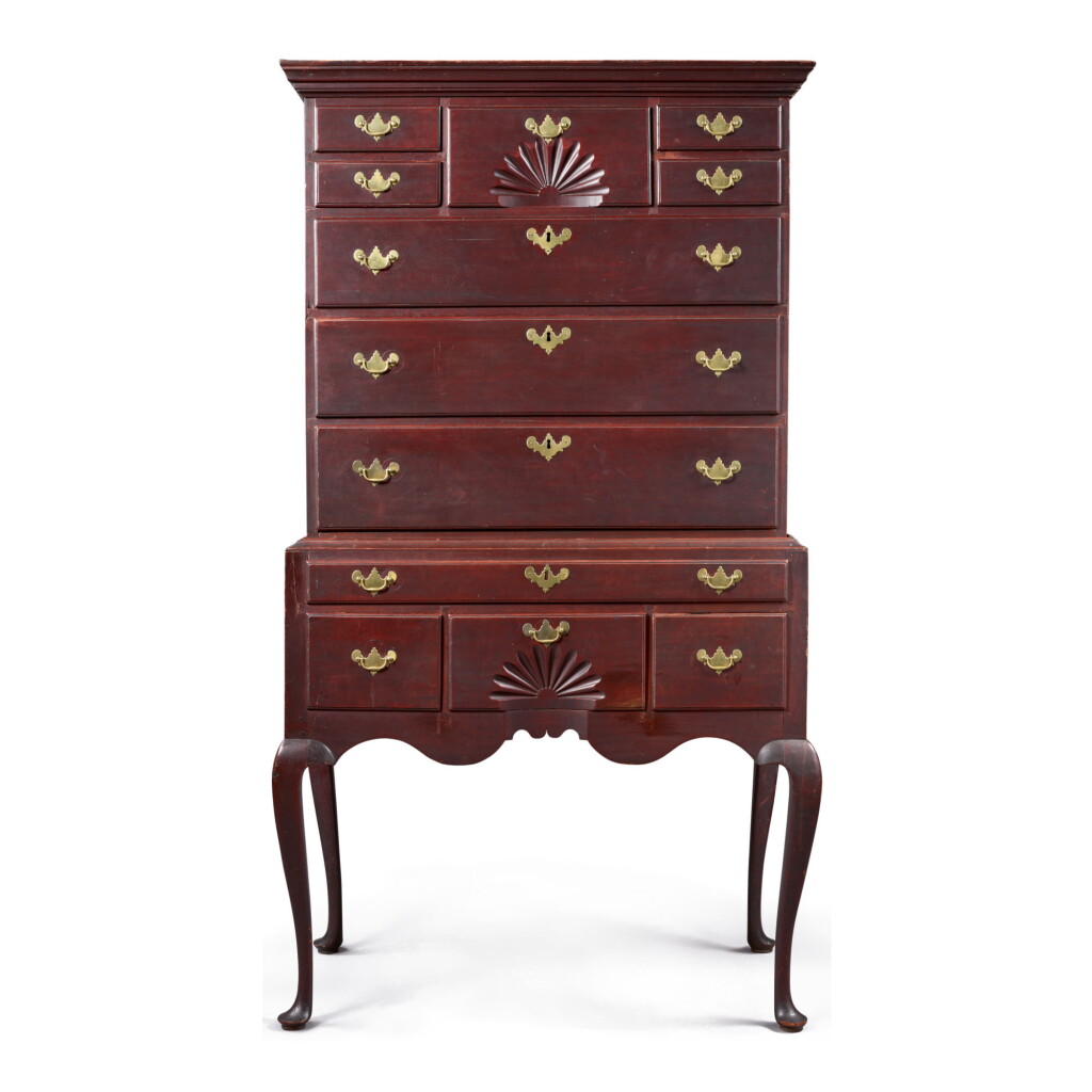 View full screen - View 1 of Lot 1632. VERY FINE AND RARE QUEEN ANNE CARVED CHERRYWOOD HIGH CHEST OF DRAWERS, PROBABLY WETHERSFIELD, CONNECTICUT, POSSIBLY HARTFORD, CIRCA 1765.