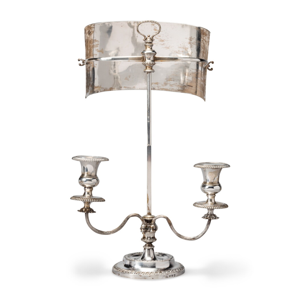 View full screen - View 1 of Lot 674. Rare George III Silver Two-Light Library Candelabrum with Shade, Frederick Kandler, London, 1769.