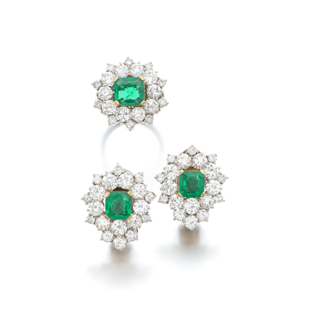 View full screen - View 1 of Lot 772. Emerald and diamond demi-parure.