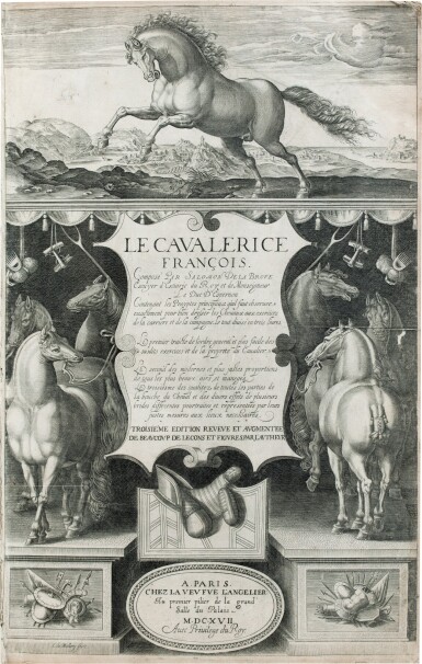 View full screen - View 1 of Lot 36. Le Cavalerice. Paris, 1610-1617. In-folio. Vélin de l'ép. Premier traité d'équitation par un écuyer français..