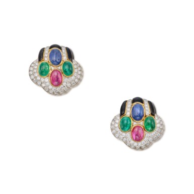 View full screen - View 1 of Lot 494. Pair of Ruby, Emerald, Sapphire, Enamel and Diamond Earclips.