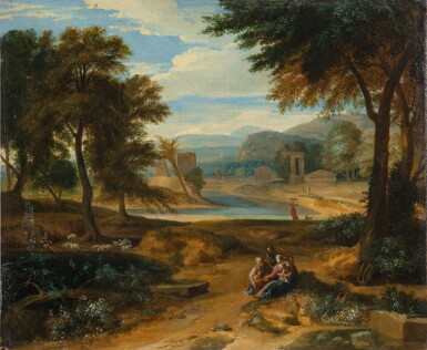 View full screen - View 1 of Lot 34. Landscape with the Holy Family, saint Elizabeth and saint John the Baptist | Paysage avec la Sainte Famille, sainte Elisabeth et saint Jean-Baptiste.