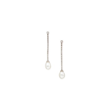 View full screen - View 1 of Lot 181. PAIR OF NATURAL PEARL AND DIAMOND EARRINGS.