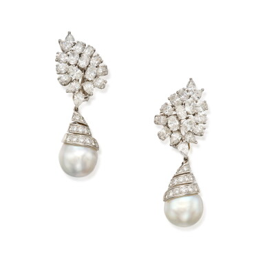 View full screen - View 1 of Lot 98. Pair of Cultured Pearl and Diamond Pendant-Earclips.