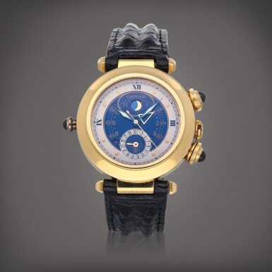 View full screen - View 1 of Lot 590. Pasha, Reference 30011 | A yellow gold calendar wristwatch with alarm and moon phases | Circa 1994.