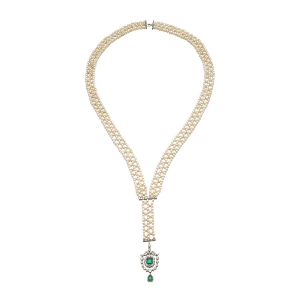 View full screen - View 1 of Lot 251. Emerald and natural pearl necklace.