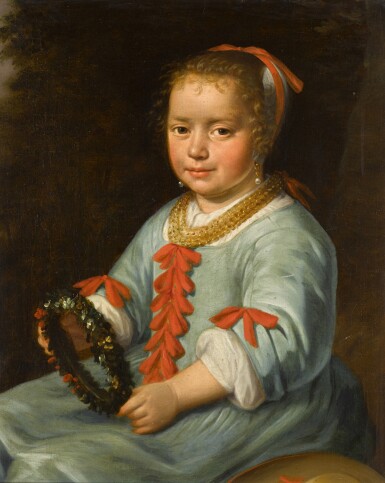 View full screen - View 1 of Lot 62. DORDRECHT SCHOOL, 17TH CENTURY | PORTRAIT OF A YOUNG GIRL IN A BLUE DRESS WITH RED RIBBONS, HOLDING A FLORAL GARLAND.